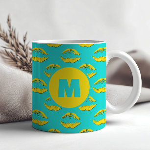 Taza De Café Turquesa y Amarillo XOXO Labios Besándose Personal