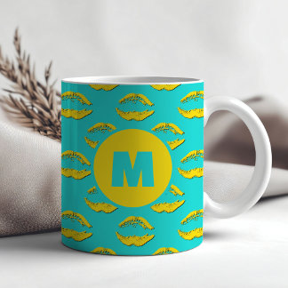 Taza De Café Turquesa y Amarillo XOXO Labios Besándose Personal