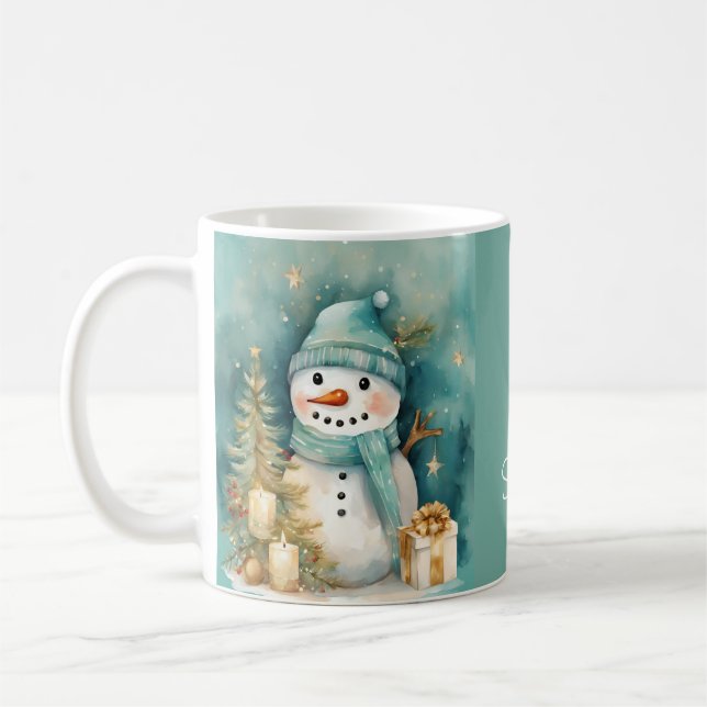 Taza De Café Turquoise & Gold Snowman with Christmas Tree (Izquierda)