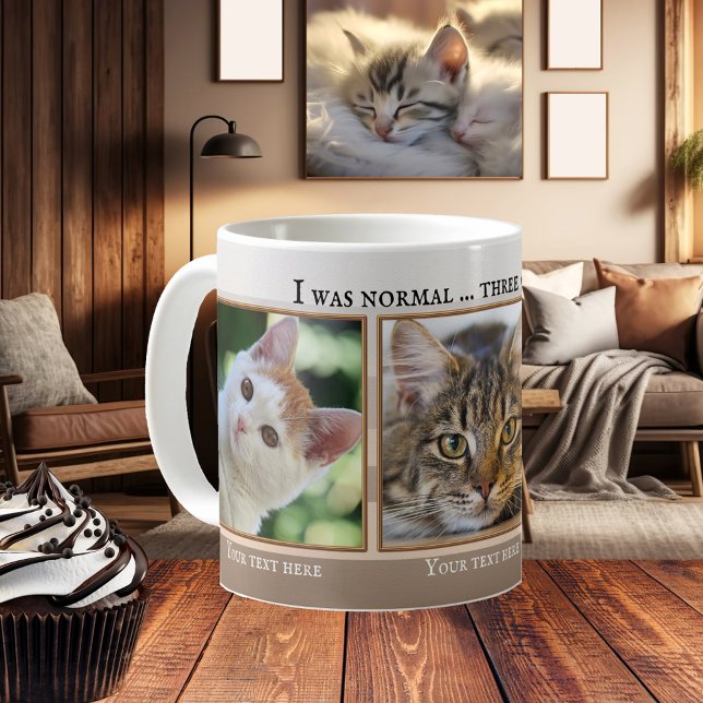 Taza De Café Tus 3 divertidas fotos de gatos Beige Marfil Strip (Funny cat mug featuring your photos framed by a beige ivory striped design with golden lining)