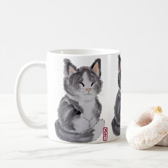 Taza De Café Tuxedo Cat Black Kitten Watercolor Elegante (Con donut)