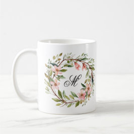 Taza De Café Twig de Bonito monograma y guirnalda de flores sil