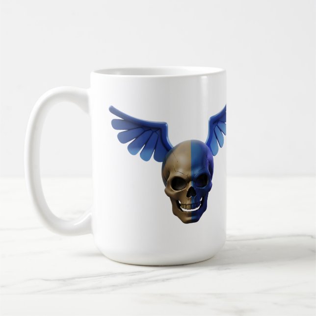 Taza De Café Two-Toned Skull with Blue Stylized Wings (Izquierda)