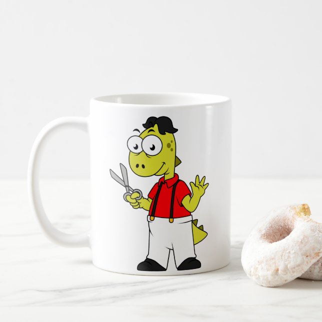 Taza De Café Tyrannosaurus Rex Barber Con Tijeras. (Con donut)
