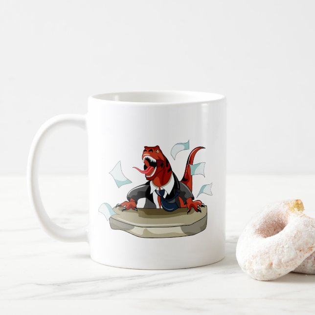 Taza De Café Tyrannosaurus Rex Jefe Sentado En Un Escritorio. (Con donut)