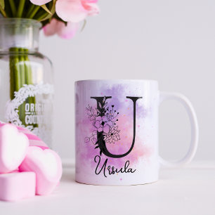 Taza De Café U de Monograma de Letra Negra Floral Rosa Púrpura