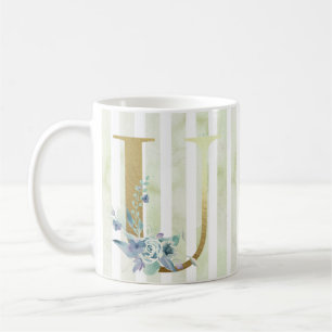 Taza De Café U rayas azules y blancas iniciales doradas