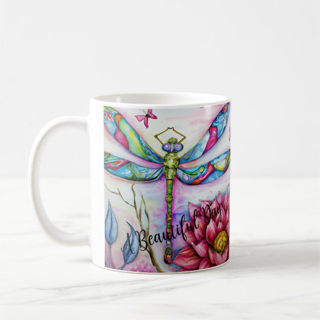 Taza De Café Un bello día, una libélula acuarela, la personaliz (Izquierda)