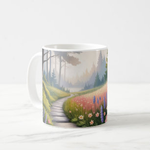 Taza De Café Un camino entre árboles forestales y flores silves