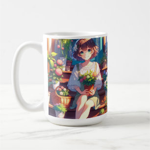 Taza De Café Un Chica de anime lindo sostiene una planta