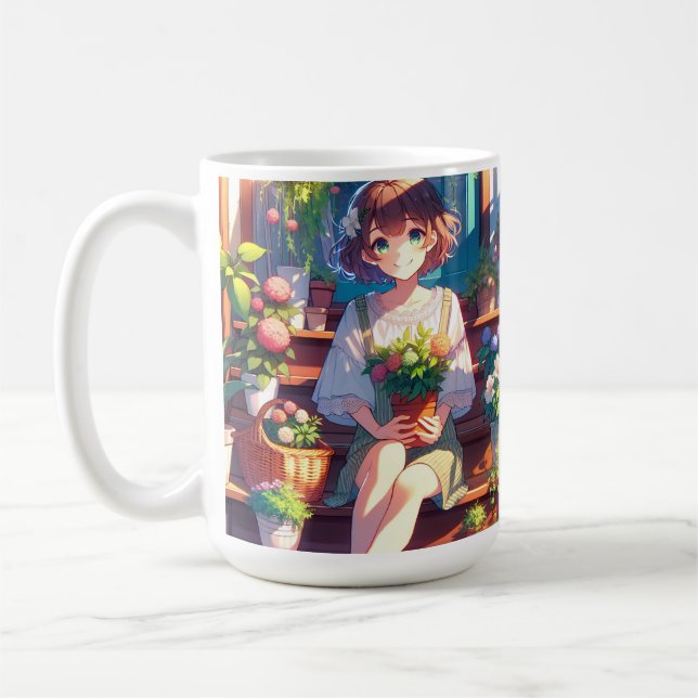 Taza De Café Un Chica de anime lindo sostiene una planta (Izquierda)