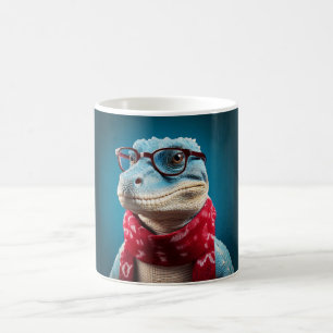 Taza De Café Un dinosaurio azul con una bufanda para Navidades