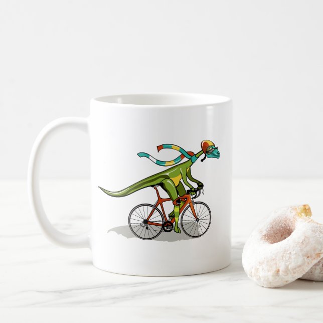 Taza De Café Un Dinosaurio De Anabisetia Montando En Bicicleta. (Con donut)