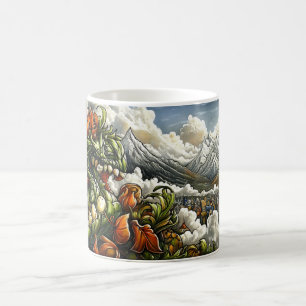 Taza De Café Un dragón verde con dientes afilados y flores nara