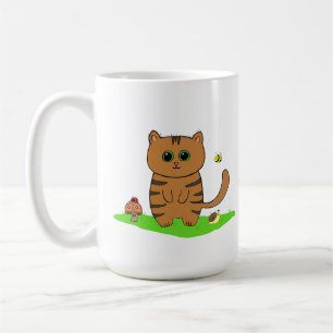 Taza De Café Un gato lindo Naranja a rayas en el prado verde