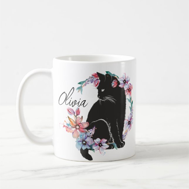 Taza De Café Un gato negro rodeado de flores (Izquierda)
