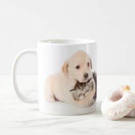 Taza De Café un lindo gato duerme en las manos del perro