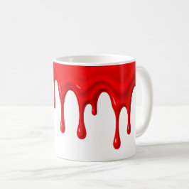 Taza De Café Un liquide rouge vif coule le long d'un mug blanc.