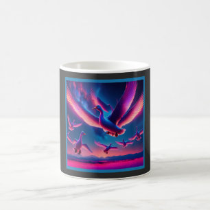 Taza De Café Un Montón De Hovers Geeses De Neón Rosa En El Ciel