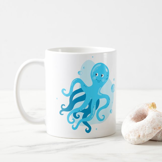 Taza De Café Un mundo submarino. Vida marina. Octopus azul (Con donut)