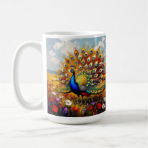 Un pavo real dorado y azul entre flores