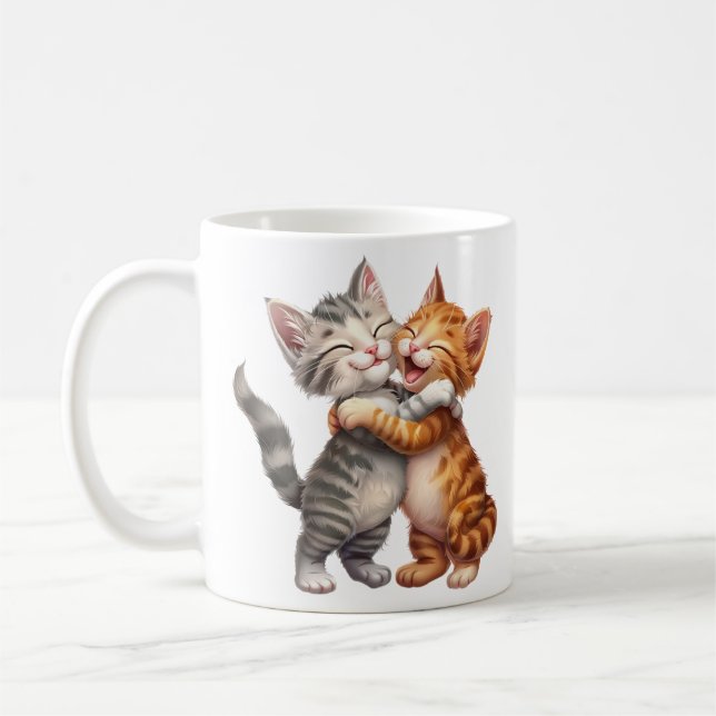 Taza De Café Un Personalizado lindo feliz abrazo de gatos (Izquierda)