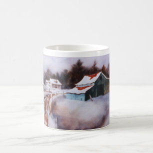 Taza De Café Una carretera de campo cubierta de nieve con un gr