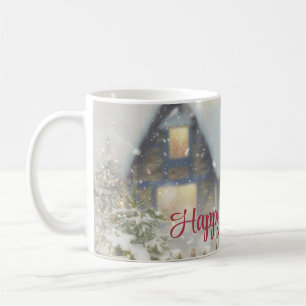 Taza De Café Una casa con un árbol de Navidad y una cerca