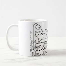 Taza De Café Una dama de gato con sus gatos en un banco