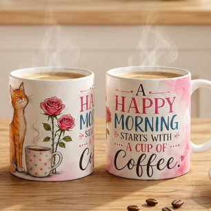Taza De Café Una mañana feliz comienza con café – Cute Cat & Co