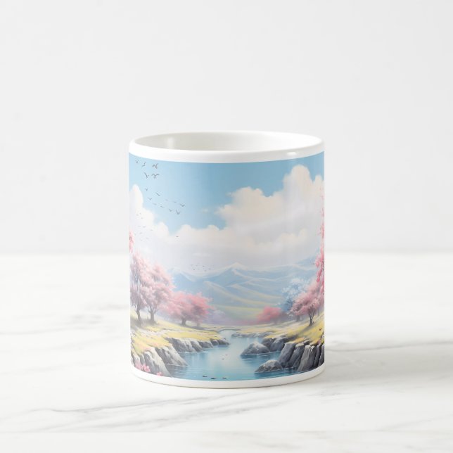 Taza De Café Una Montaña, Un Río Y Un Árbol En Primavera (Centro)