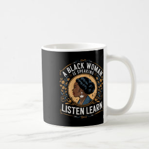 Taza De Café Una Mujer Negra Está Hablando Escuchar Y Aprender 