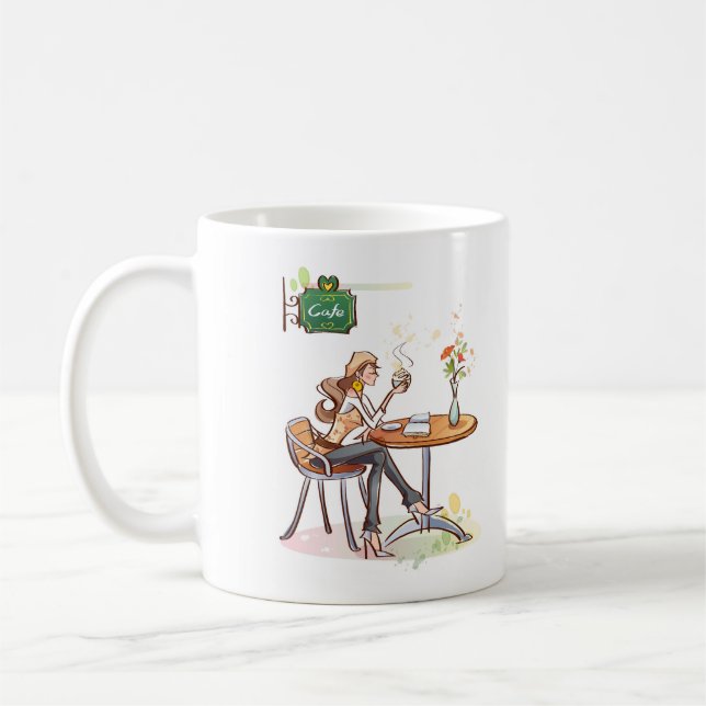 Taza De Café Una mujer que bebe café en un café de café (Izquierda)
