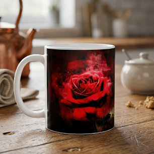 Taza De Café Una Rosa Roja Acuarela sobre Fondo Negro