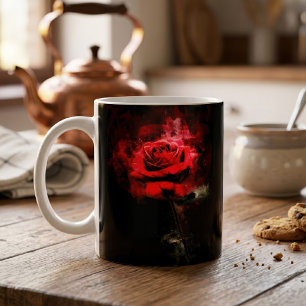 Taza De Café Una Rosa Roja Acuarela sobre Fondo Negro