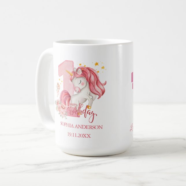 Taza De Café Unicorn 1st Birthday Pink Little Girl  (Anverso izquierdo)