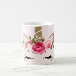 Taza De Café Unicornio de flor rosa y dorada florece lindo de m