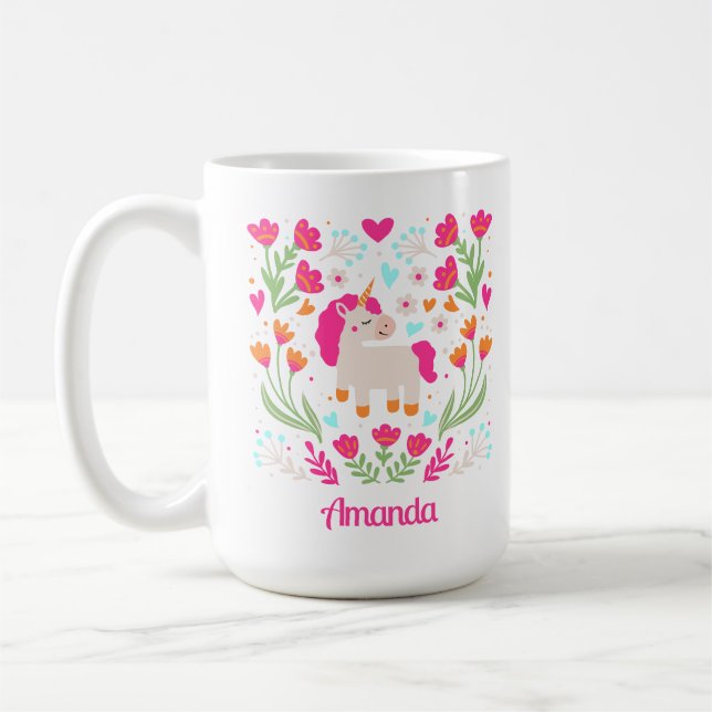 Taza De Café Unicornio floral personalizado (Izquierda)