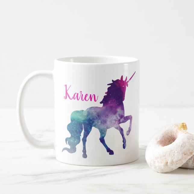 Taza De Café Unicornio mágico púrpura y azul personalizado (Con donut)
