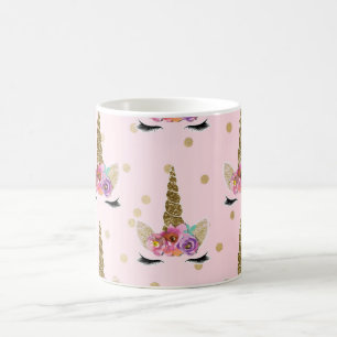 Taza De Café Unicornio moderno de flor con brillo rosa y dorado