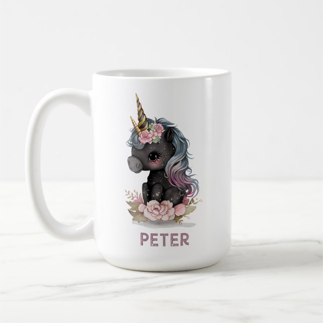 Taza De Café Unicornio negro con flores de unicornio (Izquierda)
