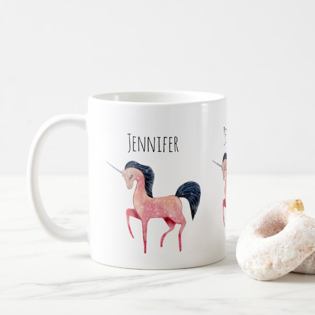 Taza De Café Unicornio nórdico rosa con mango negro (Con donut)
