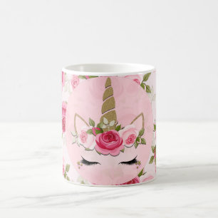 Taza De Café Unicornio Oro Rosas Florales Rosadas Lindas Modern