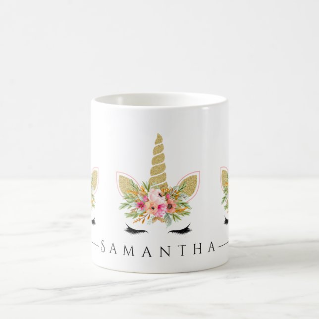 Taza De Café Unicornio purpurina Con Bouquet Floral De Acuarela (Centro)