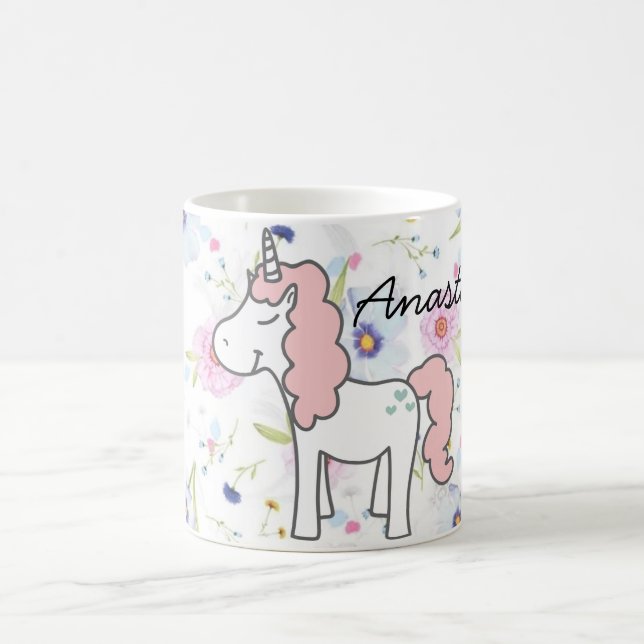 Taza De Café Unicornio rosa dulce, flores y tu nombre (Centro)