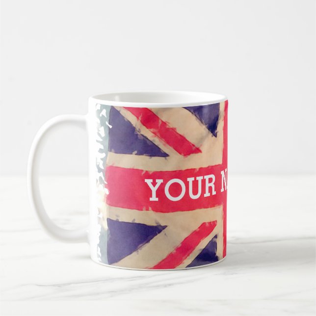 Taza De Café UNION JACK FLAG grunge + tu texto (Izquierda)