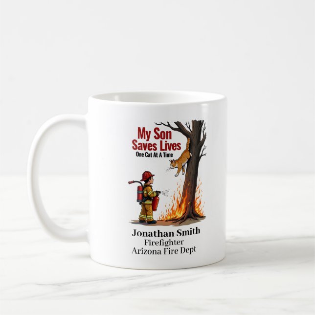 Taza De Café Unique Firefighter With Cat on Burning Tree (Izquierda)