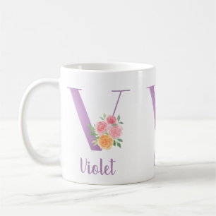 Taza De Café V Monograma Floral Acuarela Personalizado