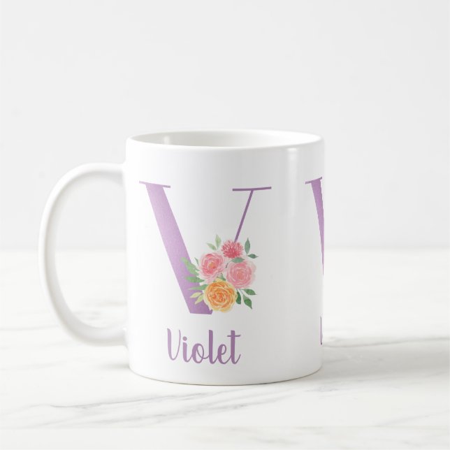 Taza De Café V Monograma Floral Acuarela Personalizado (Izquierda)