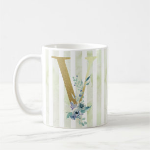 Taza De Café V rayas azules y blancas iniciales doradas